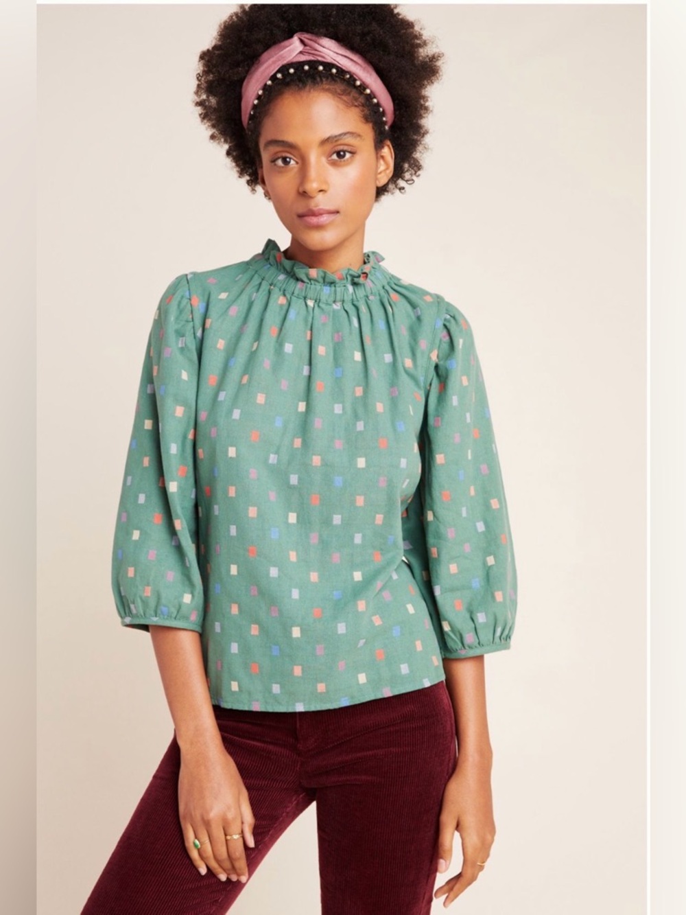 Anthropologie Ro & De Mint Green Ruffle-Neck Square Print Isabetta Blouse